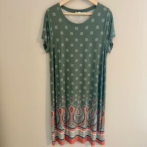 Lucky Brand Plus Size Maxi T Shirt Dress Paisley Sage Green Coral Women’s 1X